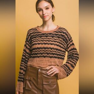Love Tree Brown & Black Striped Plush Scoop Long Sleeve Crop Sweater Size S NWT